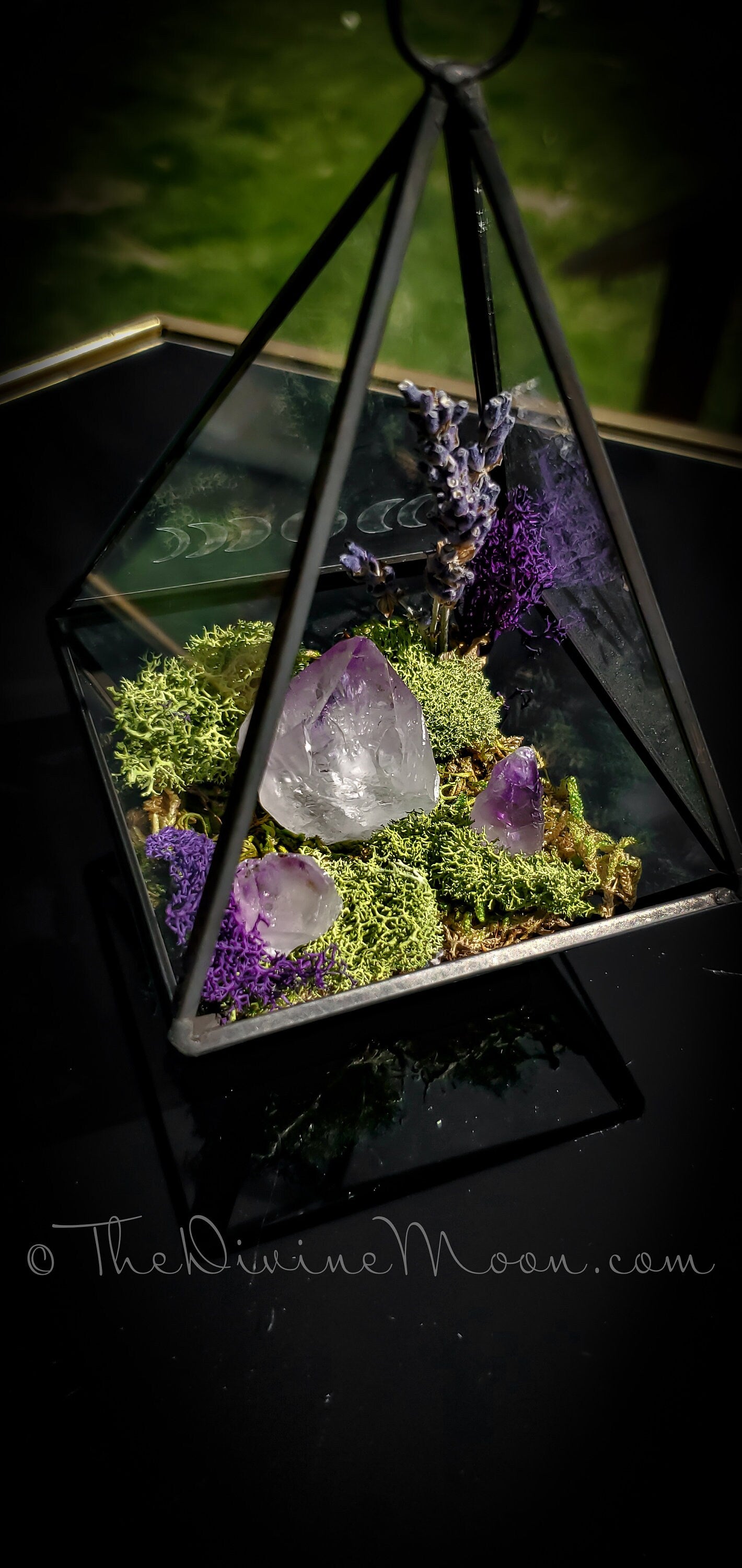 Moon Crystal Garden – Amethyst Terrarium Decor – Hanging or Standing Glass Display – Moss & Stone Arrangement – Nature-Inspired Gift