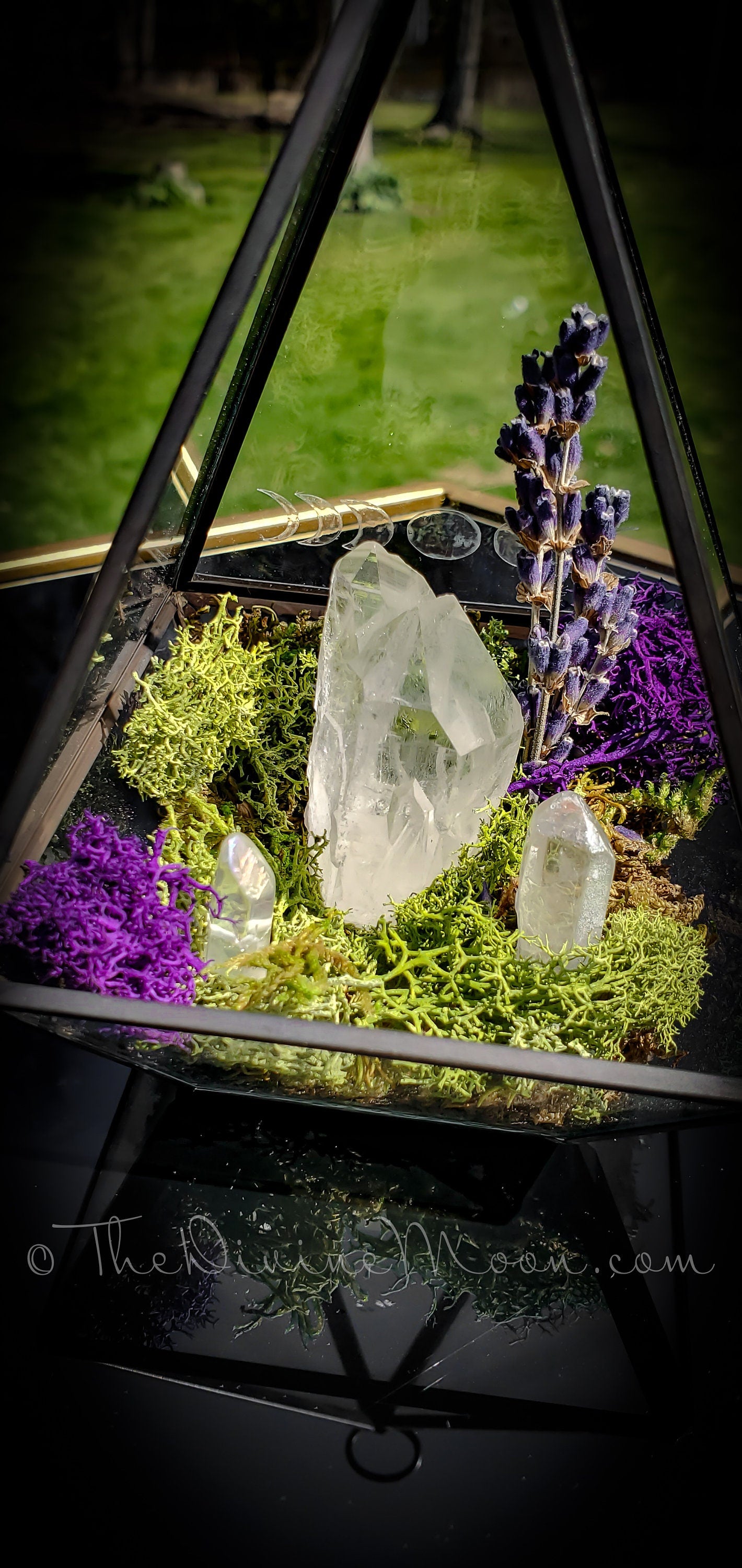 Moon Crystal Garden – Aura Quartz Terrarium Display – Elemental-Inspired Glass Decor – Hanging or Tabletop Crystal Arrangement – 6”