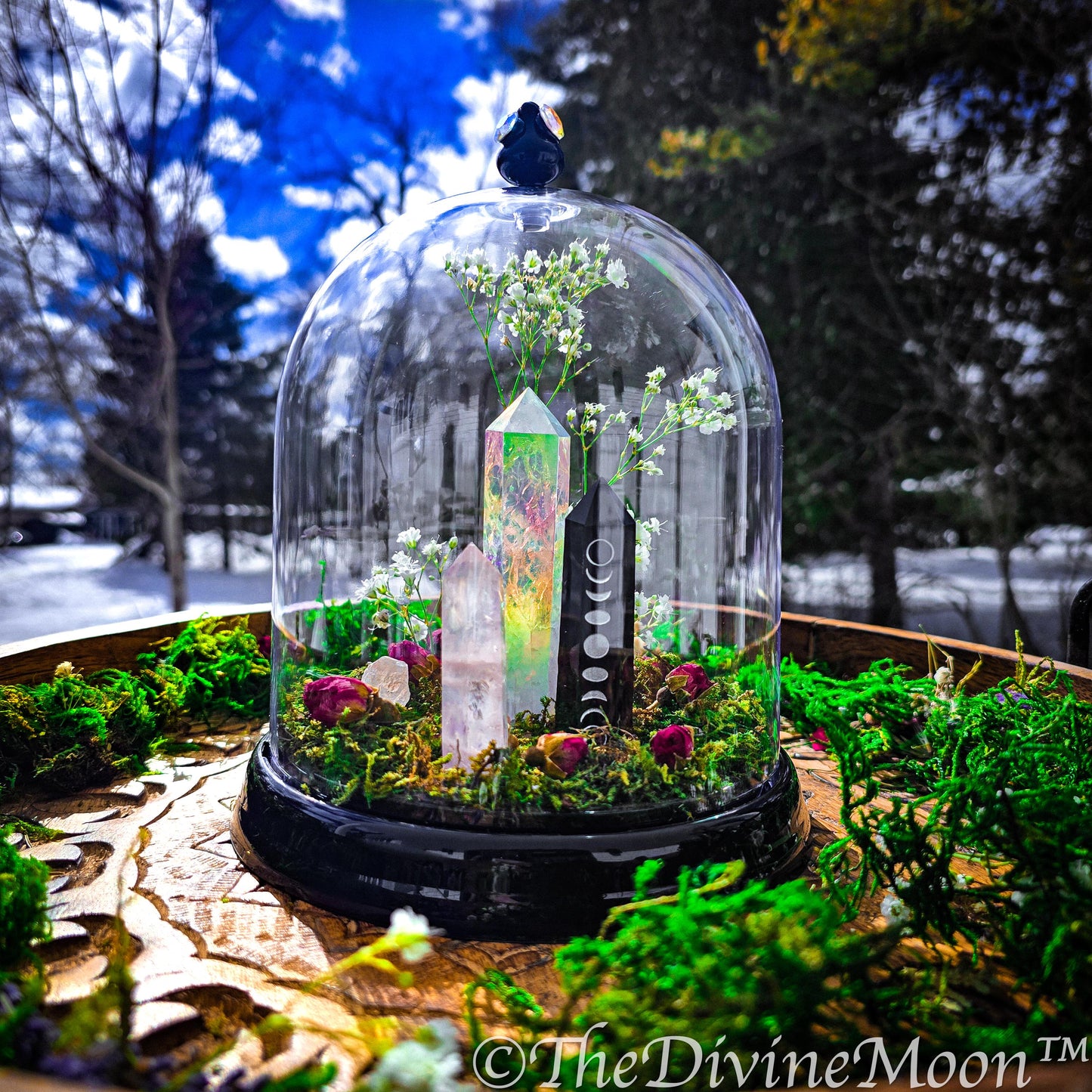 Mystical Moon Crystal Garden | Obsidian Moon Phase Tower & Aura Quartz | Enchanted Terrarium Cloche with Moss, Roses and Gemstones, 2 sizes