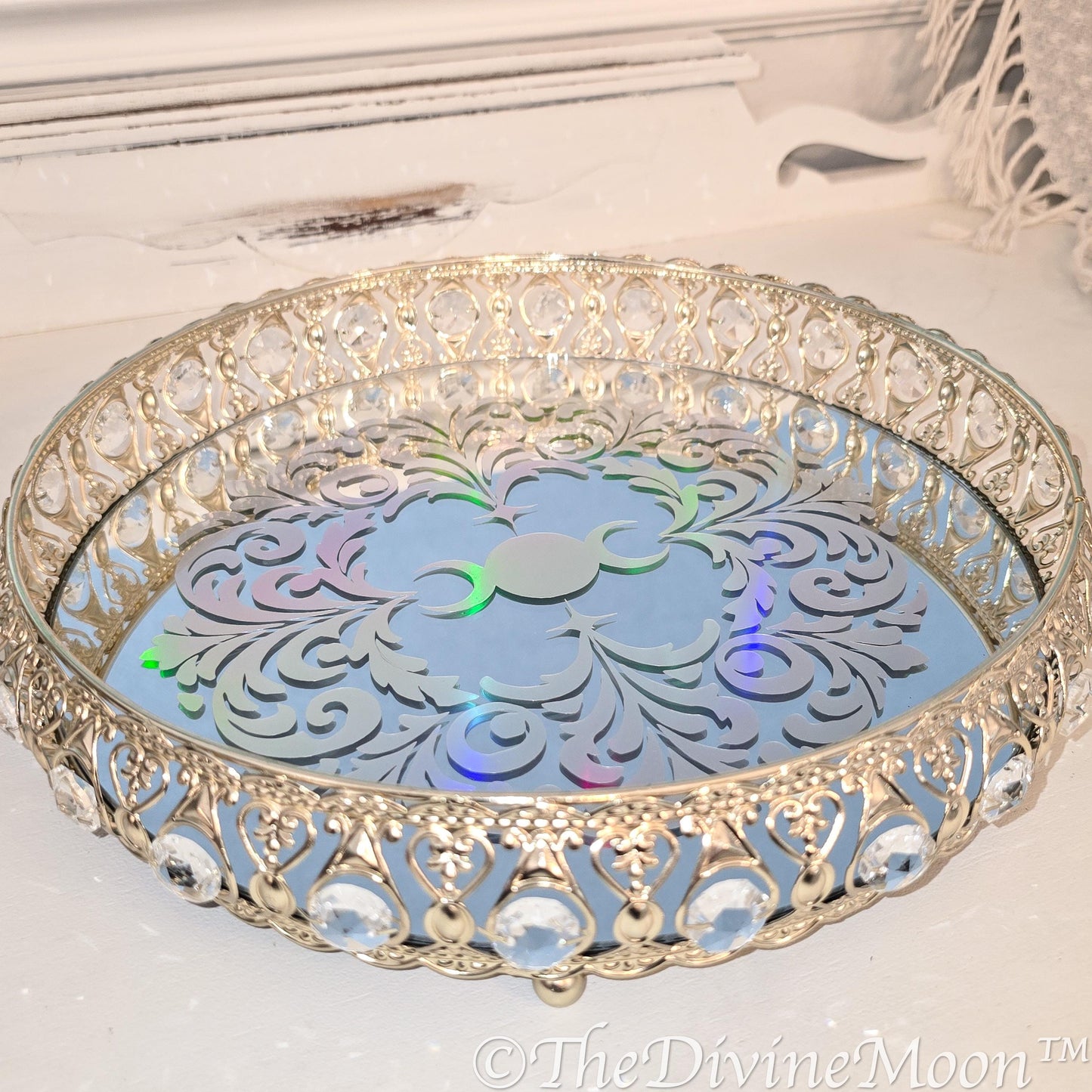 Handcrafted Glass Crystal Gold Holographic Moon Mirror Tray | Mystical Decorative Display Tray | Lunar Home Decor