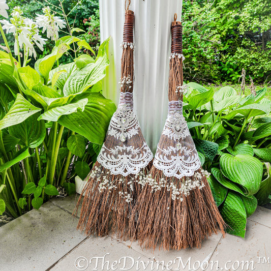 Love Wedding Broom, Jump the Broom, Life Size Crystal Altar Witch Broom / Besom, White Lace, Everlasting Love, Altar Protection, Rhinestones