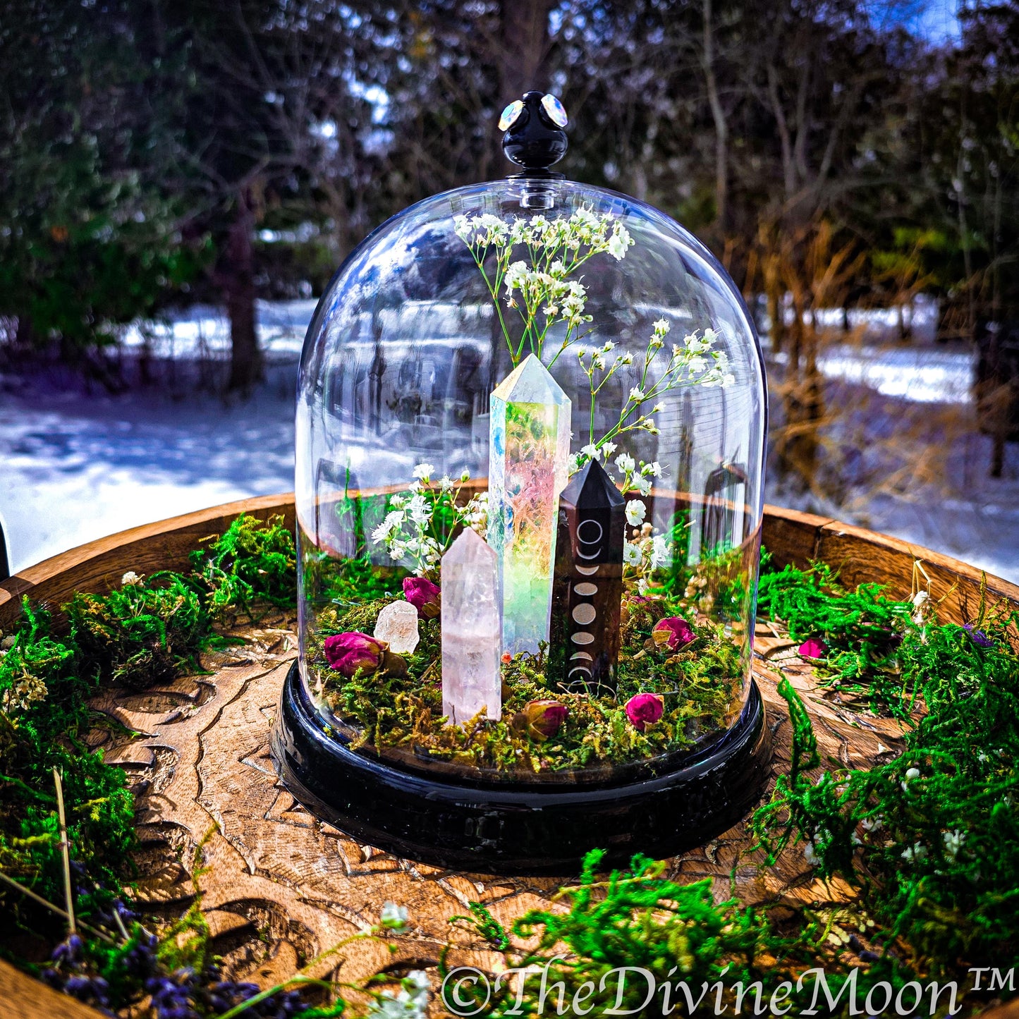 Mystical Moon Crystal Garden | Obsidian Moon Phase Tower & Aura Quartz | Enchanted Terrarium Cloche with Moss, Roses and Gemstones, 2 sizes