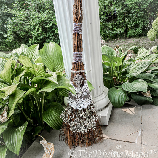 Love Wedding Broom, Jump the Broom, Life Size Crystal Altar Witch Broom / Besom, White Lace, Everlasting Love, Altar Protection, Rhinestones