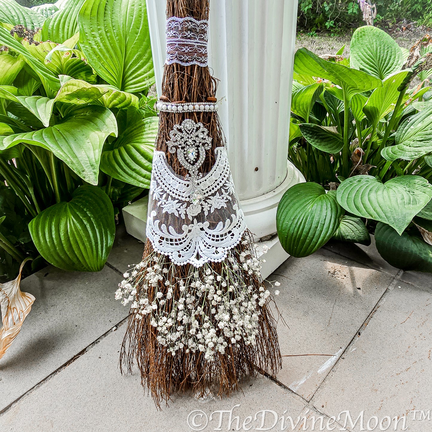 Love Wedding Broom, Jump the Broom, Life Size Crystal Altar Witch Broom / Besom, White Lace, Everlasting Love, Altar Protection, Rhinestones
