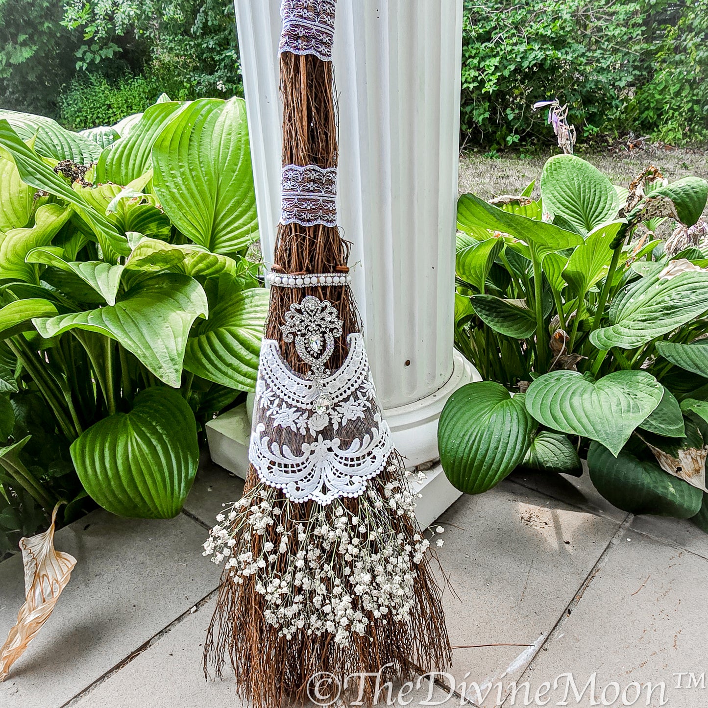 Love Wedding Broom, Jump the Broom, Life Size Crystal Altar Witch Broom / Besom, White Lace, Everlasting Love, Altar Protection, Rhinestones