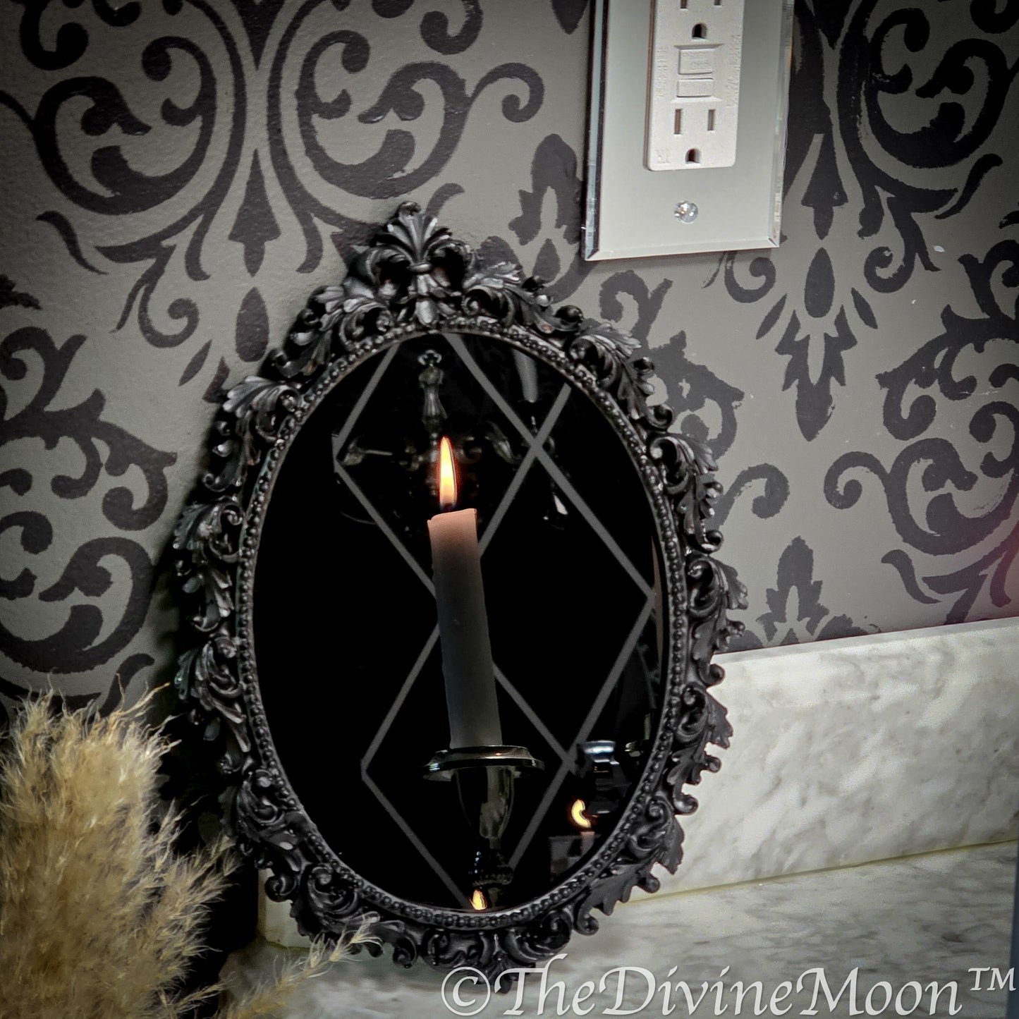 Large Vintage-Style Black Scrying Mirror with Gems - V18LG
