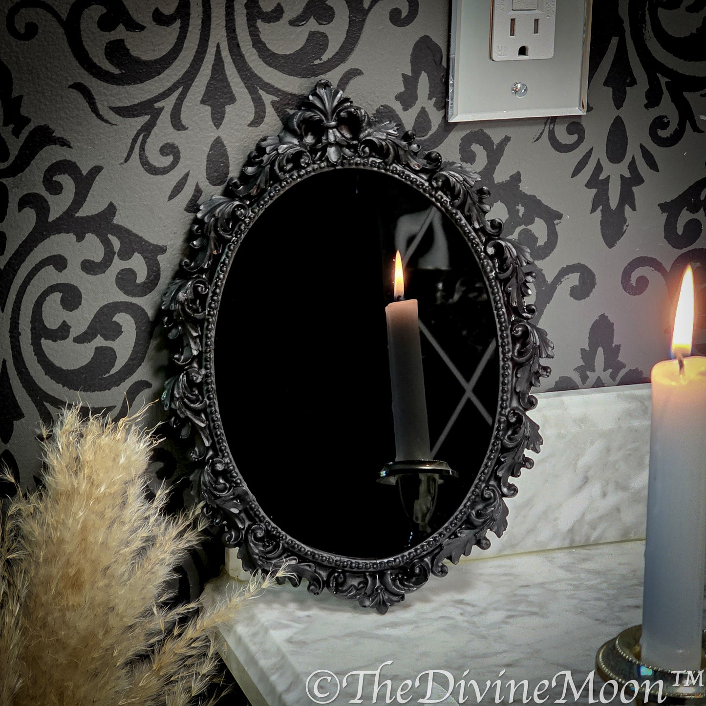 Large Vintage-Style Black Scrying Mirror with Gems - V18LG