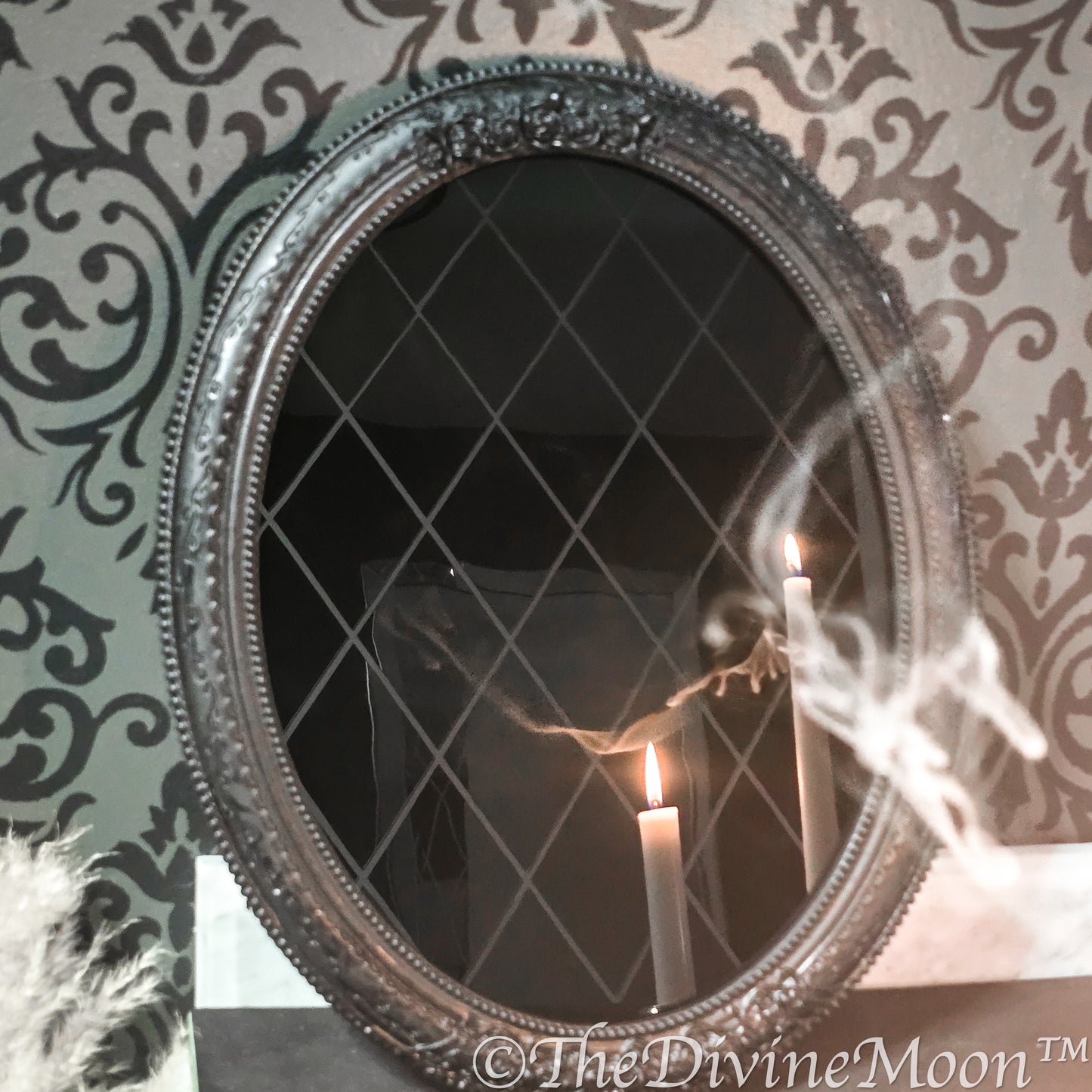 Large Vintage-Style Black Scrying Mirror with Gems - V17LG