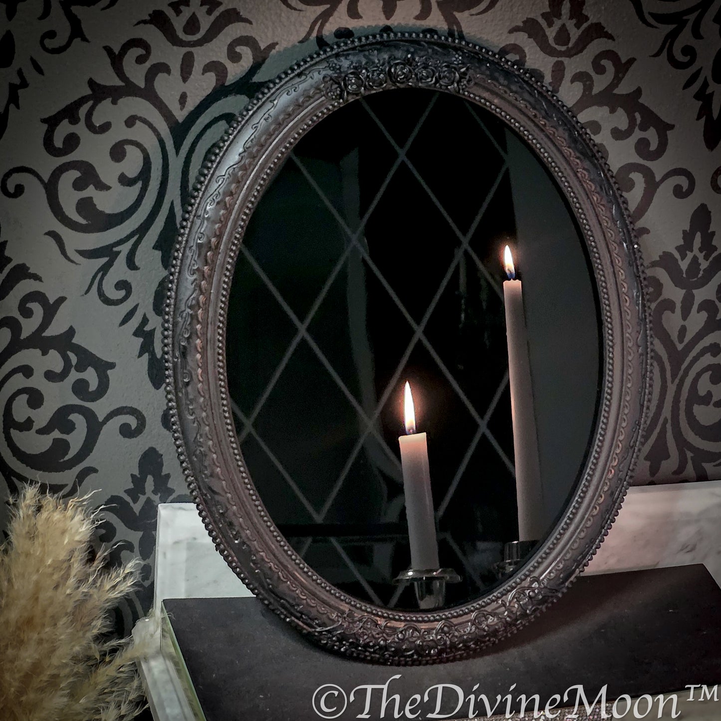 Large Vintage-Style Black Scrying Mirror with Gems - V17LG