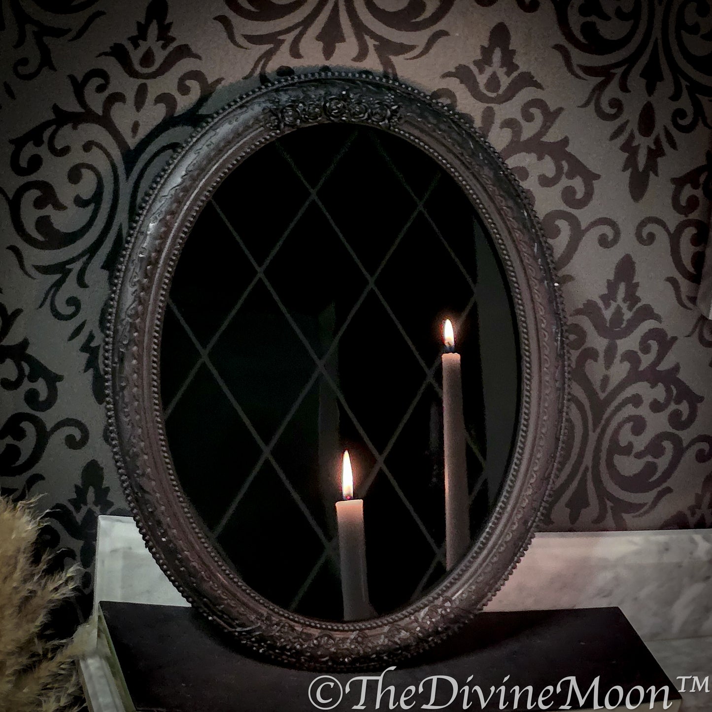 Large Vintage-Style Black Scrying Mirror with Gems - V17LG