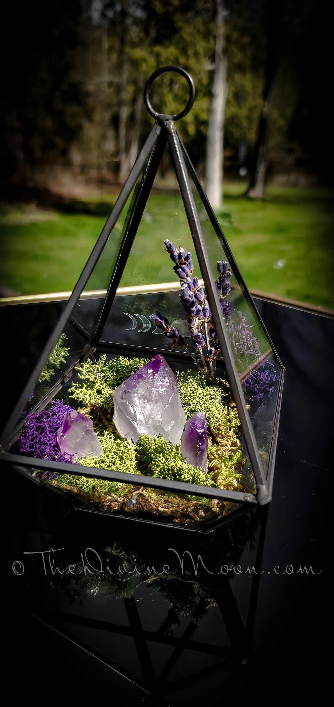 Moon Crystal Garden – Amethyst Terrarium Decor – Hanging or Standing Glass Display – Moss & Stone Arrangement – Nature-Inspired Gift