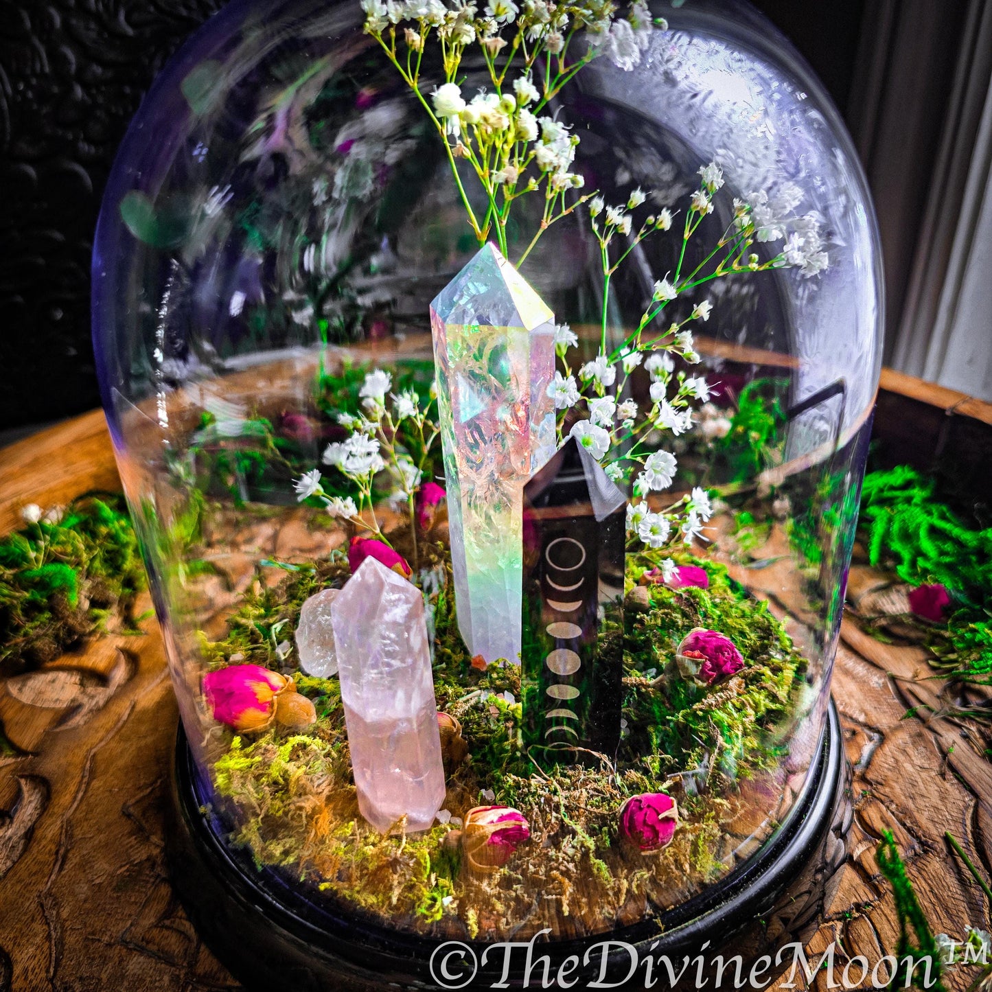 Mystical Moon Crystal Garden | Obsidian Moon Phase Tower & Aura Quartz | Enchanted Terrarium Cloche with Moss, Roses and Gemstones, 2 sizes