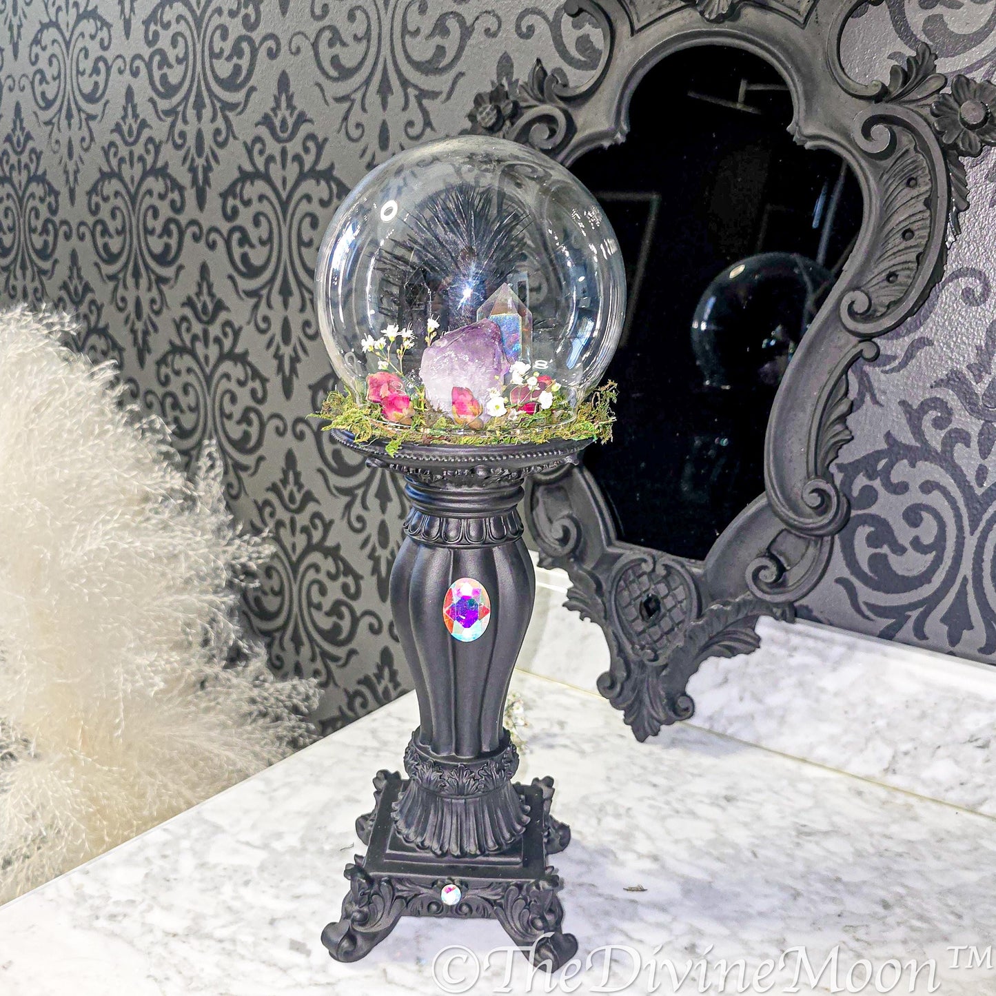 Crystal Witch Pedestal Glass Globe with Gems, Witch ball - Crystal Garden, Protection Ball - Protection Evil & Negativity - Warding - Spell