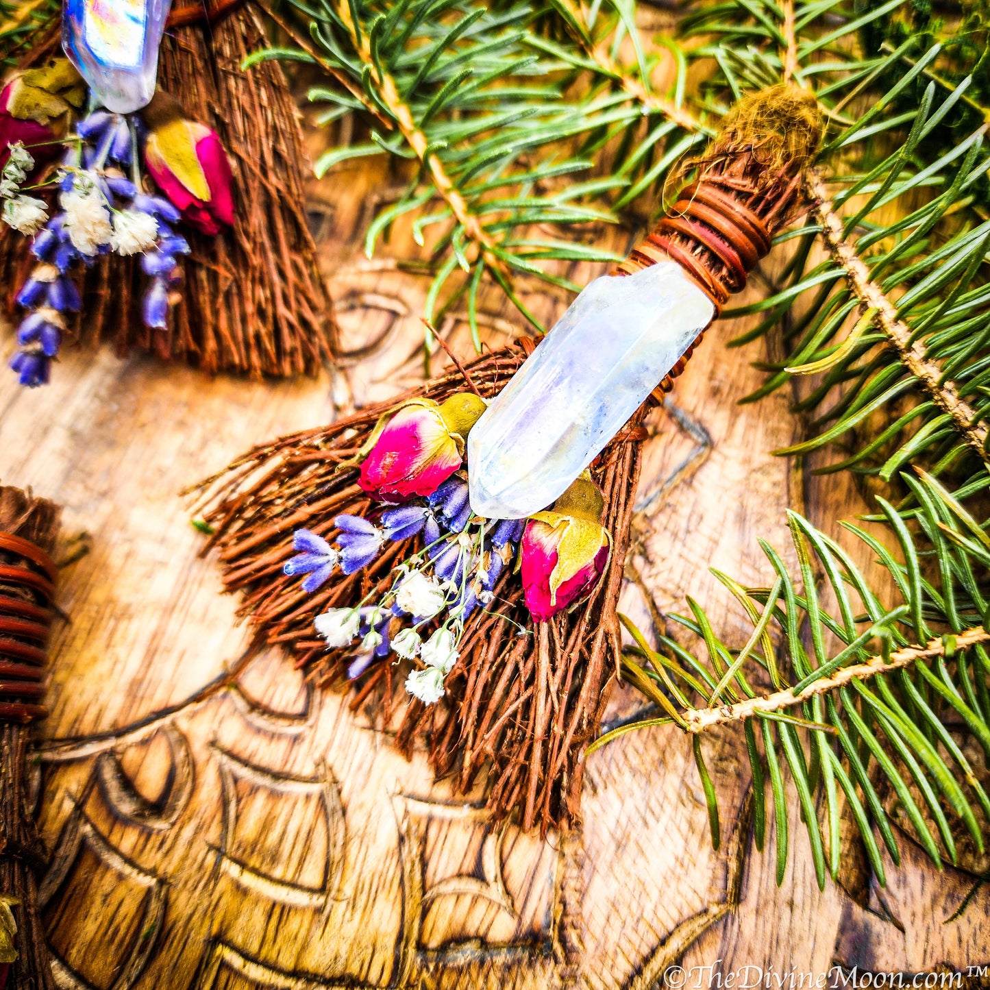 Floral Crystal Ornament, Mini Broom for Altar, Witch Broom / Besom, Protection, Warding, Altar Protection, Jump The Broom, Quartz Point