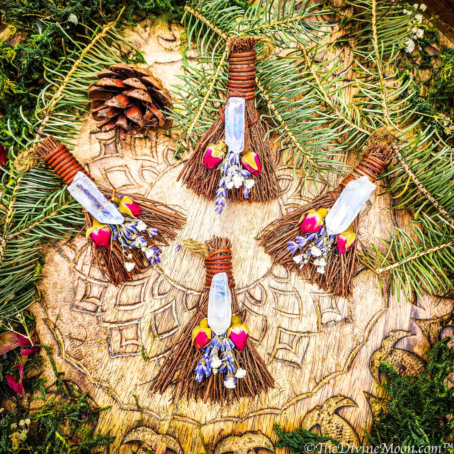 Floral Crystal Ornament, Mini Broom for Altar, Witch Broom / Besom, Protection, Warding, Altar Protection, Jump The Broom, Quartz Point