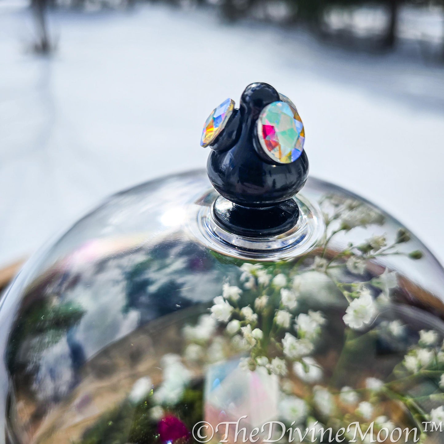 Mystical Moon Crystal Garden | Obsidian Moon Phase Tower & Aura Quartz | Enchanted Terrarium Cloche with Moss, Roses and Gemstones, 2 sizes