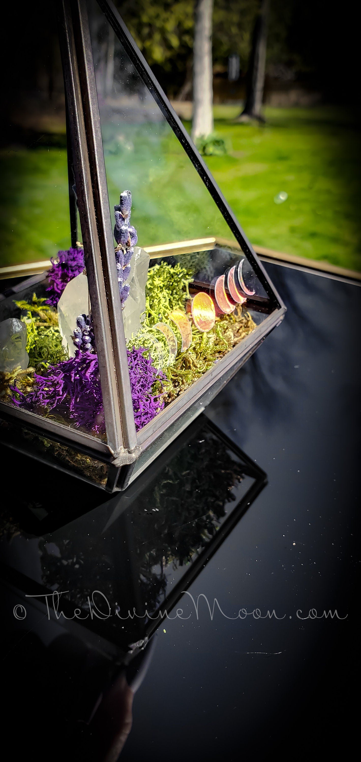 Moon Crystal Garden – Aura Quartz Terrarium Display – Elemental-Inspired Glass Decor – Hanging or Tabletop Crystal Arrangement – 6”