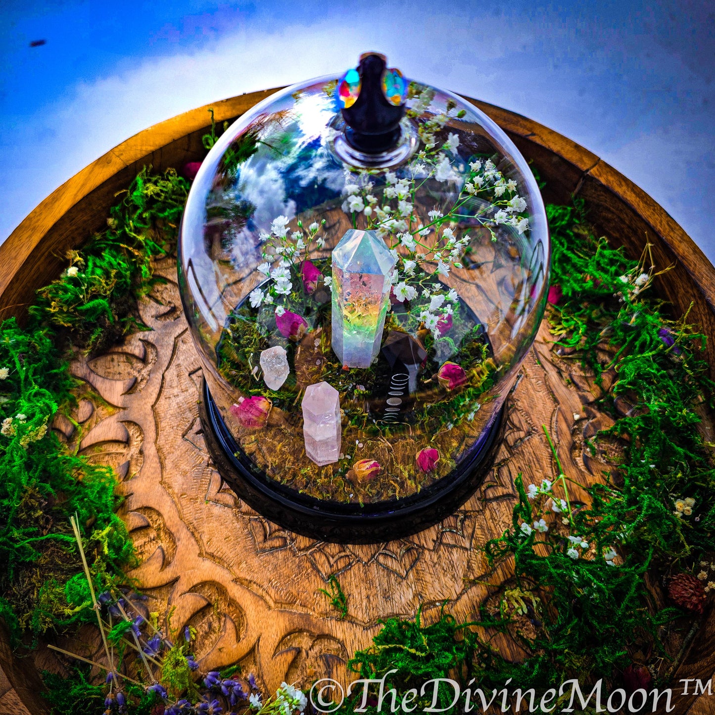 Mystical Moon Crystal Garden | Obsidian Moon Phase Tower & Aura Quartz | Enchanted Terrarium Cloche with Moss, Roses and Gemstones, 2 sizes