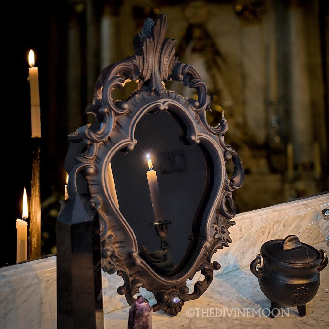 Large Vintage-Style Black Scrying Mirror with Gems - V15L