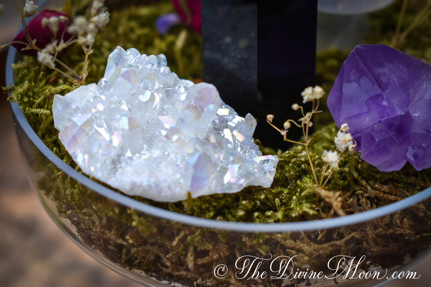 Obsidian Crystal Cloche – Glass Pedestal Garden – Element-Inspired Display – Crystal Decor – Gift for Home