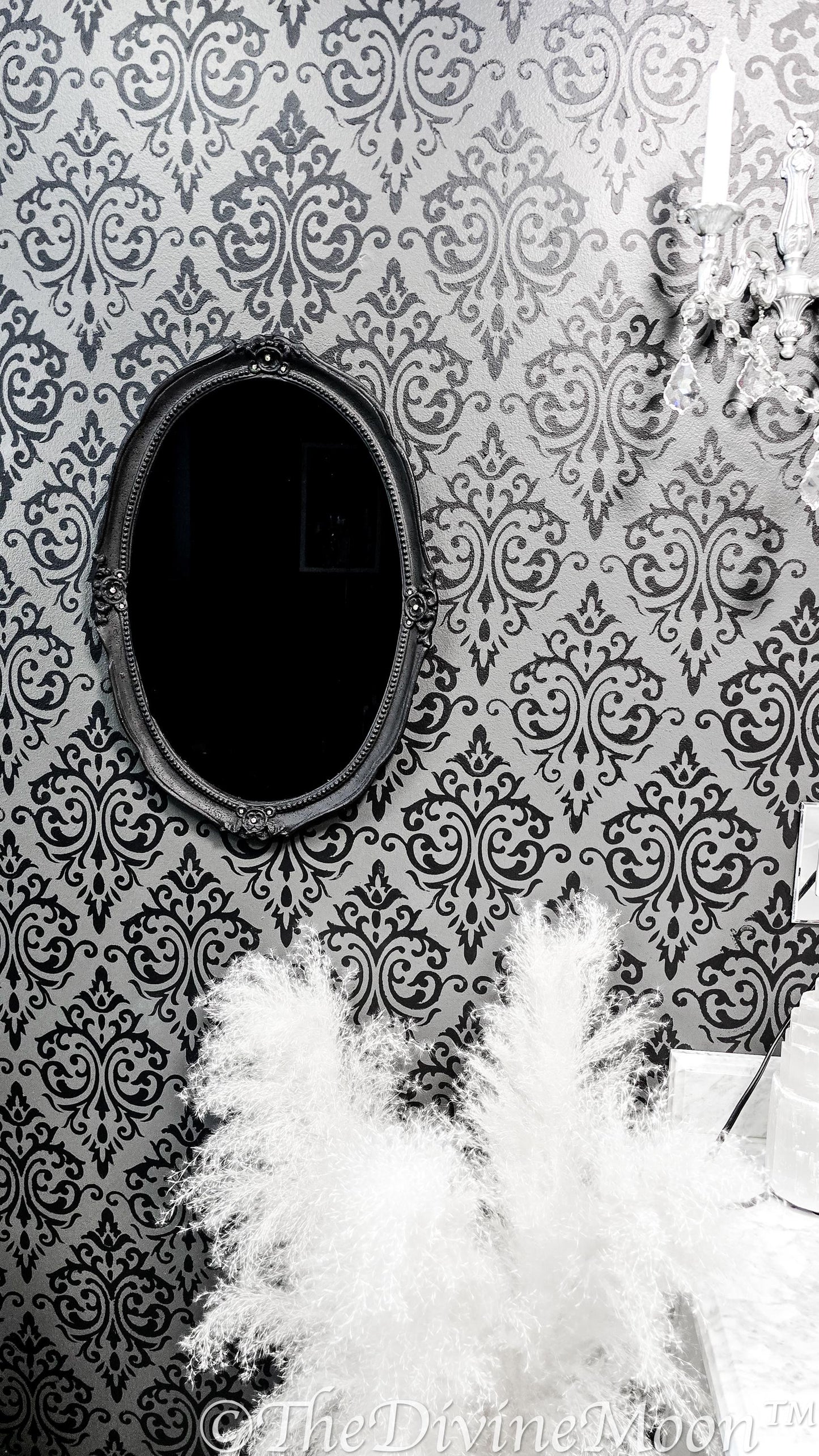 Extra Large Vintage-Style Black Scrying Mirror with Gems - V13XL