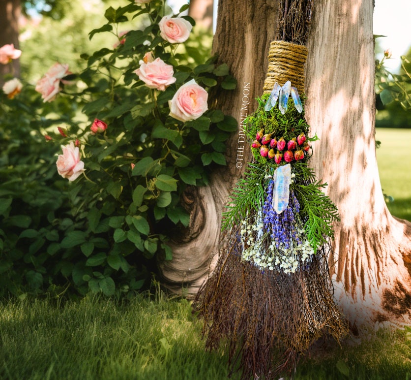 Life Size Crystal Altar Cinnamon Witch Broom / Besom, Protection, Warding, Altar Protection, Jump the Broom, Quartz, Amplify Love