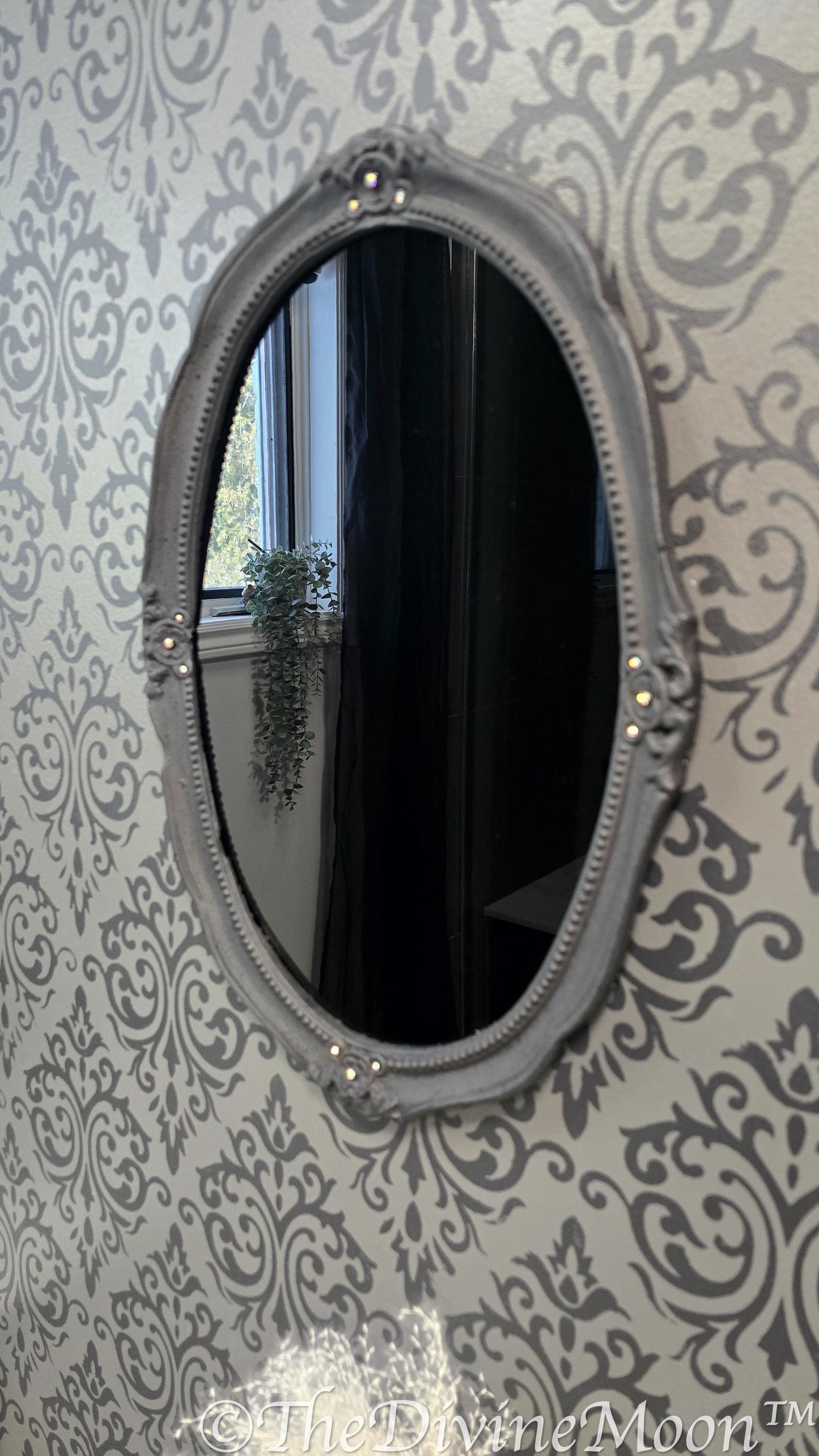 Extra Large Vintage-Style Black Scrying Mirror with Gems - V13XL