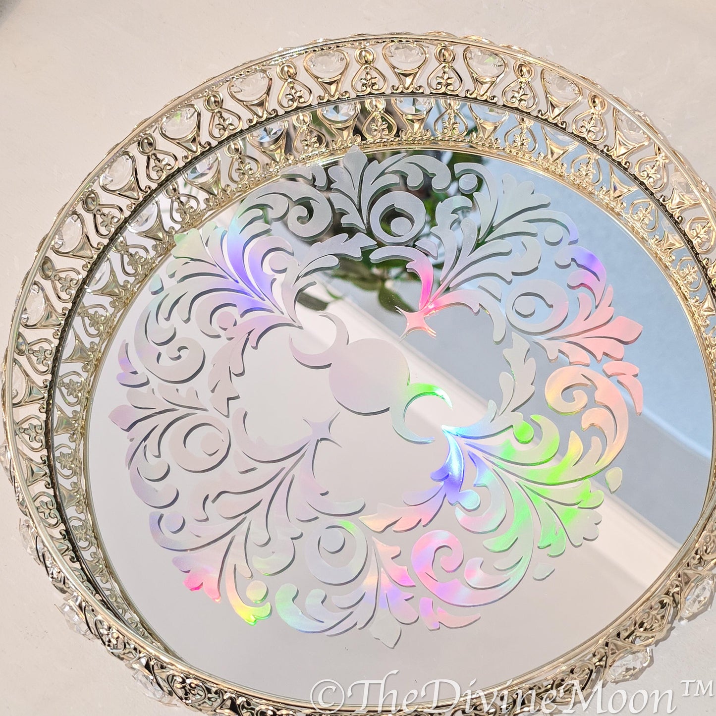 Handcrafted Glass Crystal Gold Holographic Moon Mirror Tray | Mystical Decorative Display Tray | Lunar Home Decor
