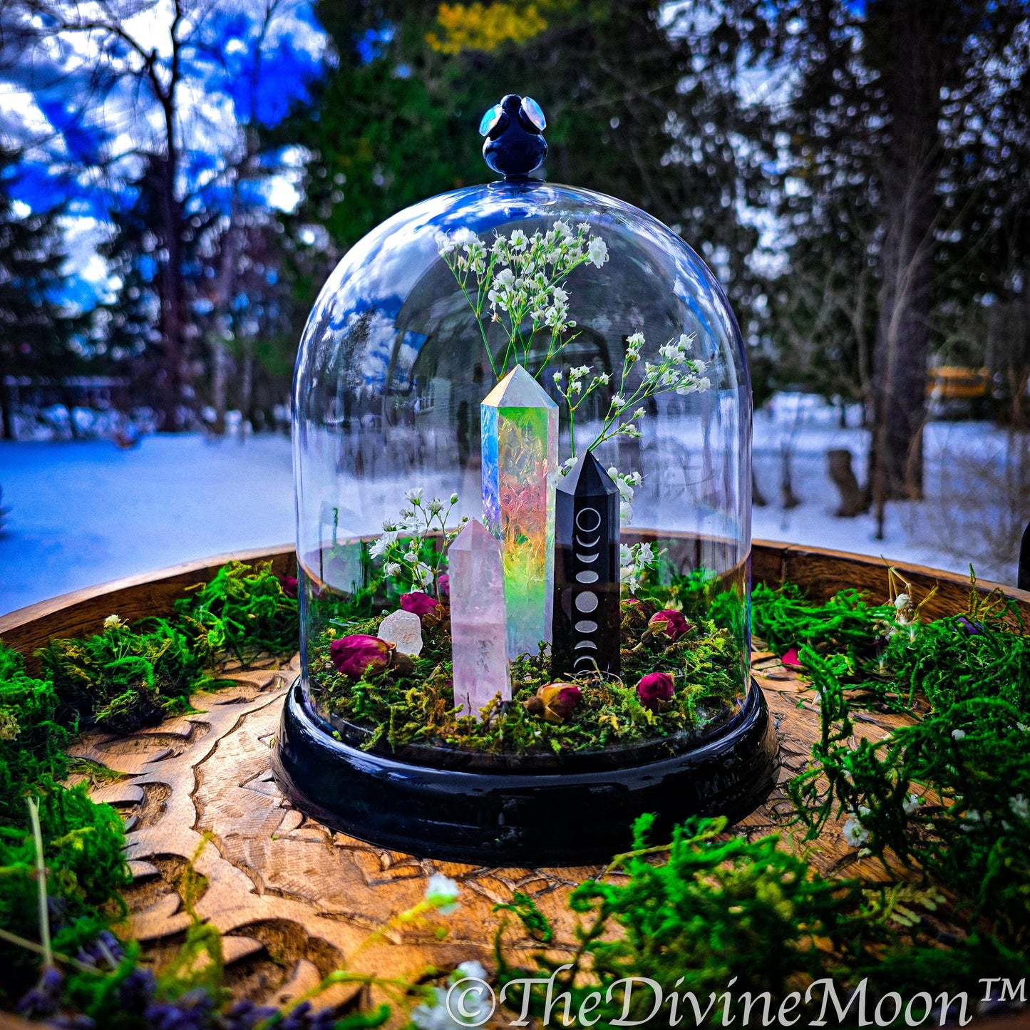 Mystical Moon Crystal Garden | Obsidian Moon Phase Tower & Aura Quartz | Enchanted Terrarium Cloche with Moss, Roses and Gemstones, 2 sizes