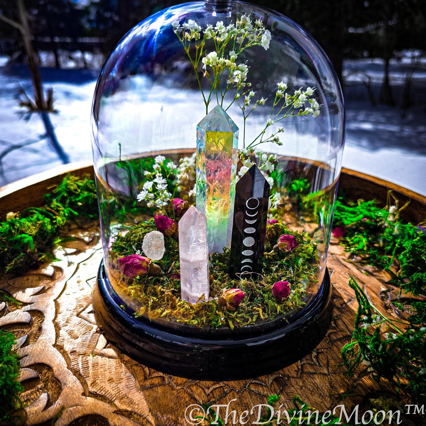 Mystical Moon Crystal Garden | Obsidian Moon Phase Tower & Aura Quartz | Enchanted Terrarium Cloche with Moss, Roses and Gemstones, 2 sizes