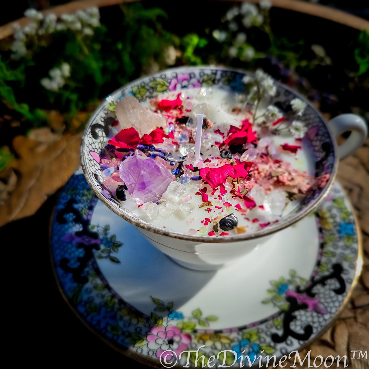 Enchanted Tea Cup Spell Candle | Good Vibes, Lucky | Crystal Candle with Amethyst, Rose Quartz, Obsidian | Herbal Vegan Ritual Candle
