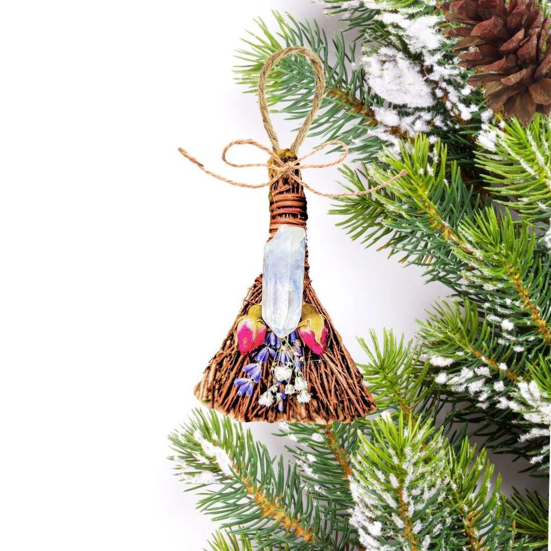 Floral Crystal Ornament, Mini Broom for Altar, Witch Broom / Besom, Protection, Warding, Altar Protection, Jump The Broom, Quartz Point
