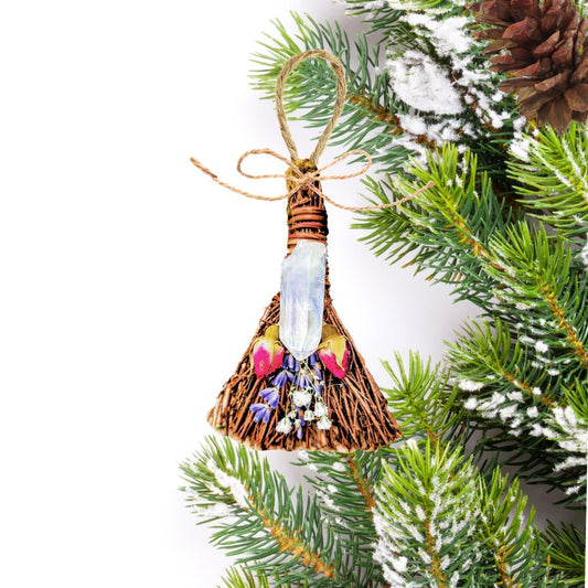 Floral Crystal Ornament, Mini Broom for Altar,  Witch Broom / Besom, Protection, Warding, Altar Protection, Jump The Broom, Quartz Point