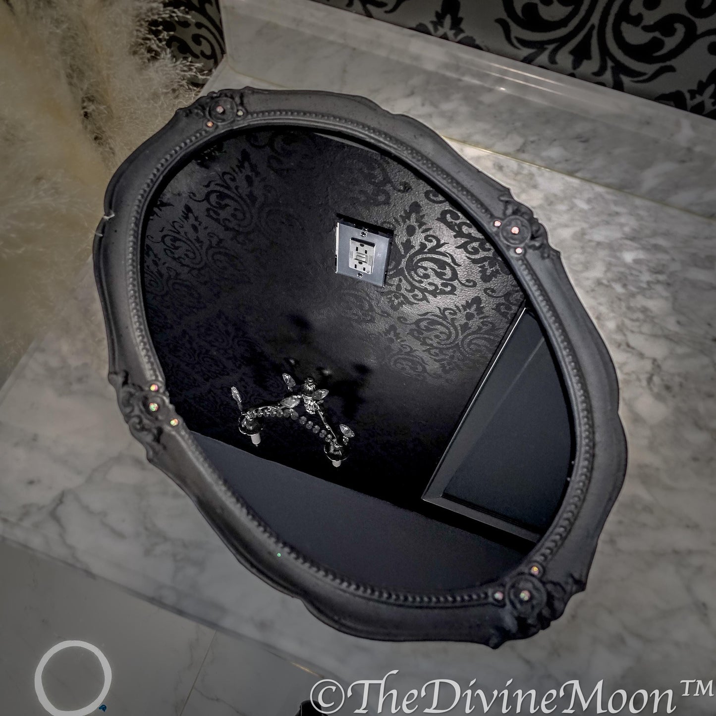 Extra Large Vintage-Style Black Scrying Mirror with Gems - V13XL