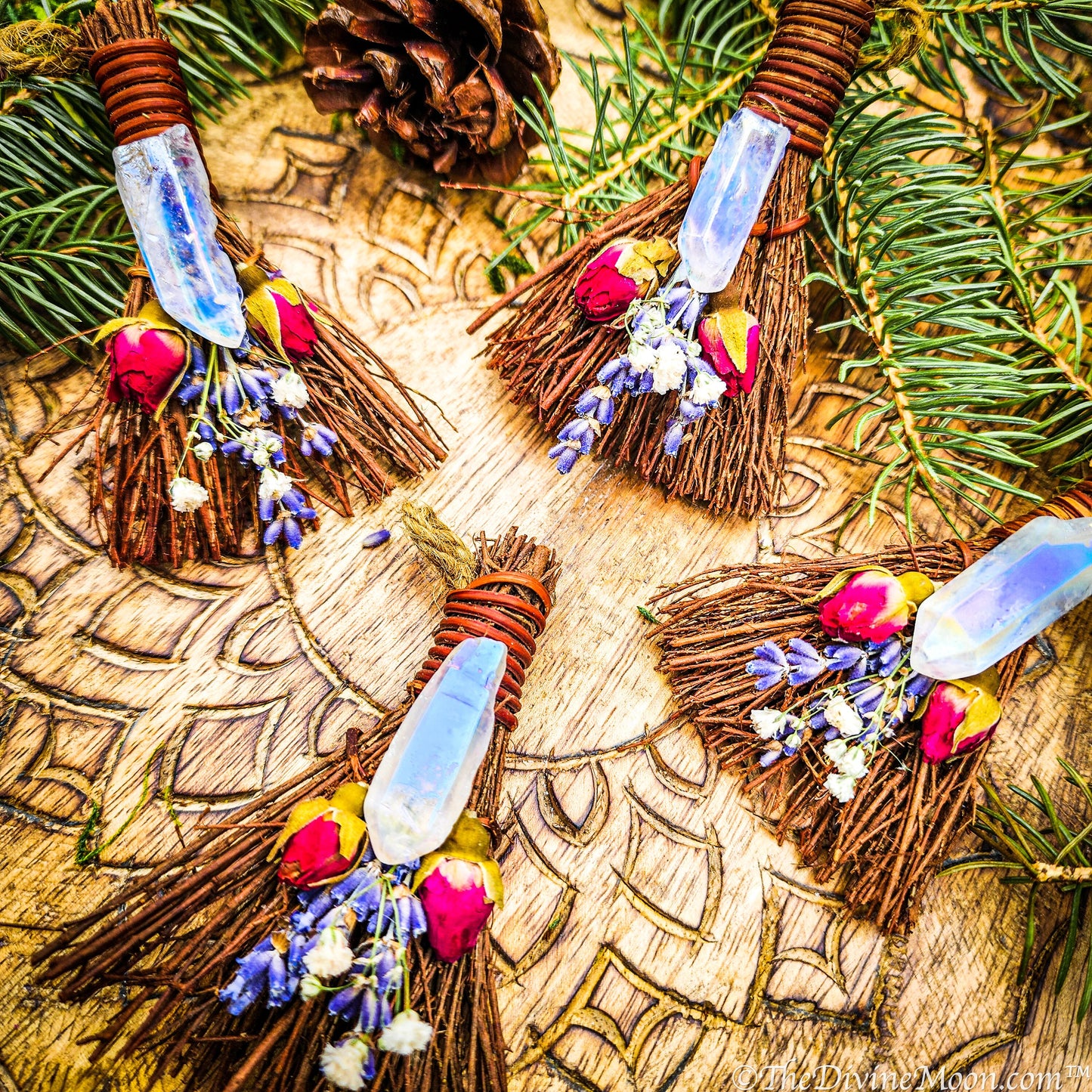 Floral Crystal Ornament, Mini Broom for Altar, Witch Broom / Besom, Protection, Warding, Altar Protection, Jump The Broom, Quartz Point