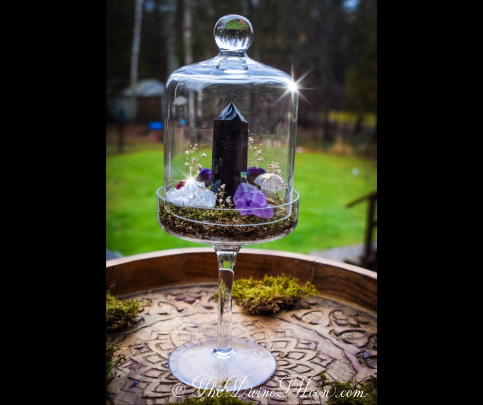 Obsidian Crystal Cloche – Glass Pedestal Garden – Element-Inspired Display – Crystal Decor – Gift for Home