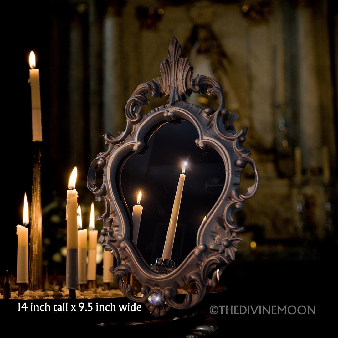 Large Vintage-Style Black Scrying Mirror with Gems - V15L