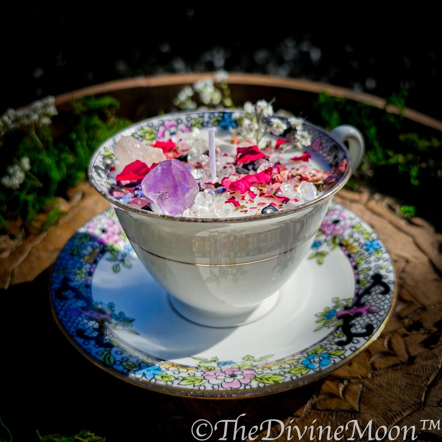 Enchanted Tea Cup Spell Candle | Good Vibes, Lucky | Crystal Candle with Amethyst, Rose Quartz, Obsidian | Herbal Vegan Ritual Candle
