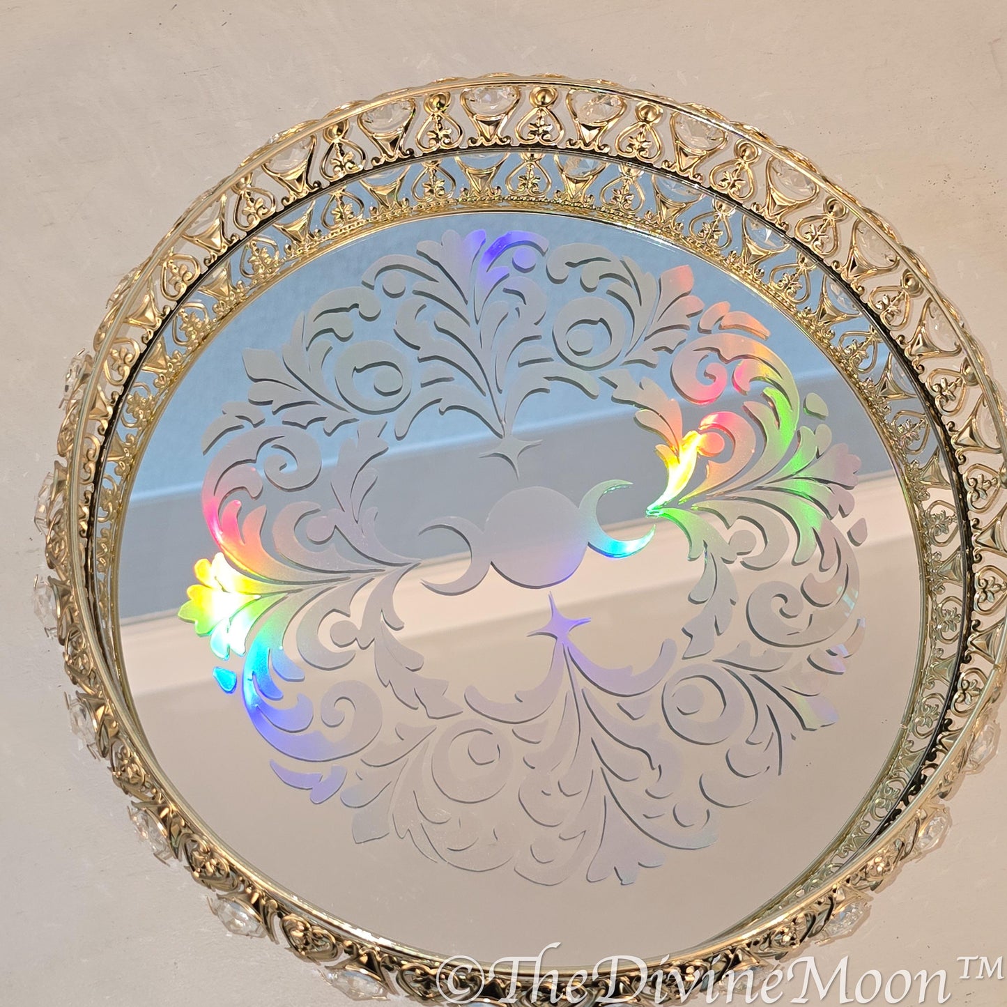 Handcrafted Glass Crystal Gold Holographic Moon Mirror Tray | Mystical Decorative Display Tray | Lunar Home Decor