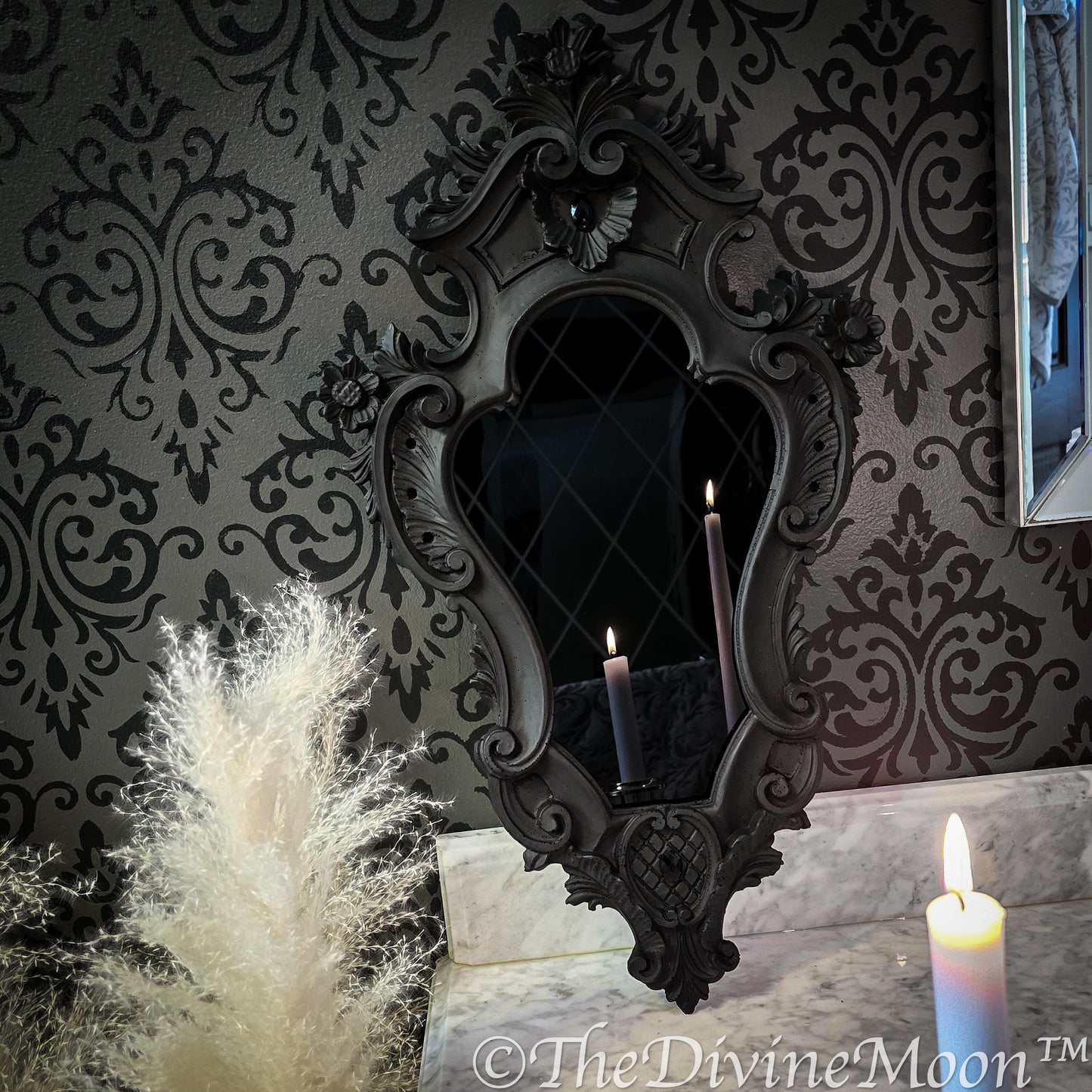 XL Vintage-Style Black Scrying Mirror with Gems - V14XL