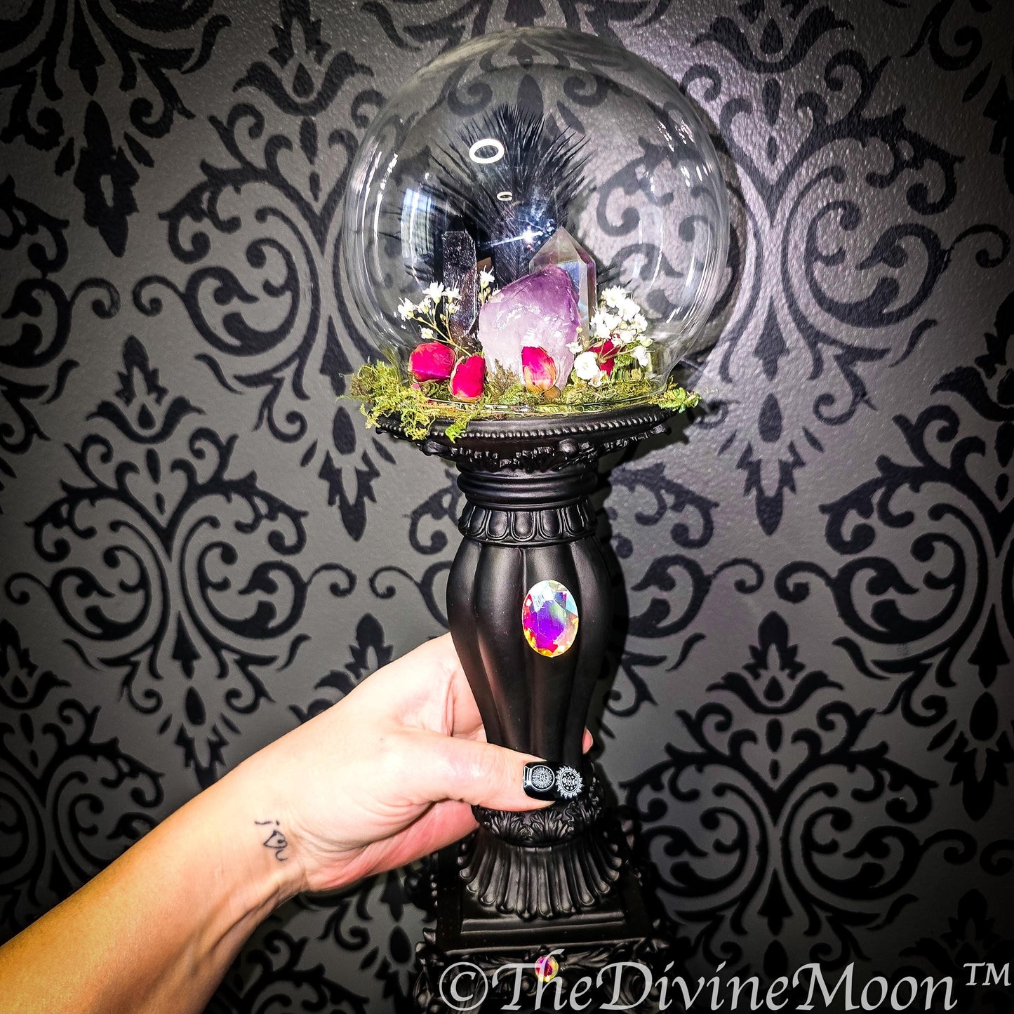 Crystal Witch Pedestal Glass Globe with Gems, Witch ball - Crystal Garden, Protection Ball - Protection Evil & Negativity - Warding - Spell