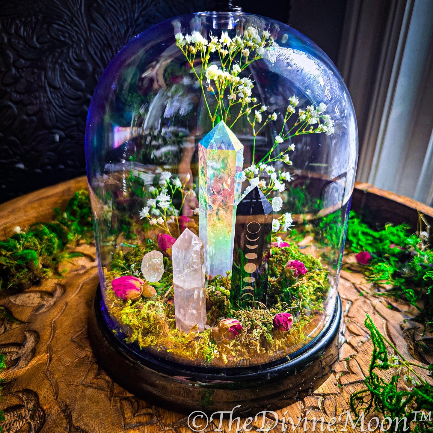 Mystical Moon Crystal Garden | Obsidian Moon Phase Tower & Aura Quartz | Enchanted Terrarium Cloche with Moss, Roses and Gemstones, 2 sizes