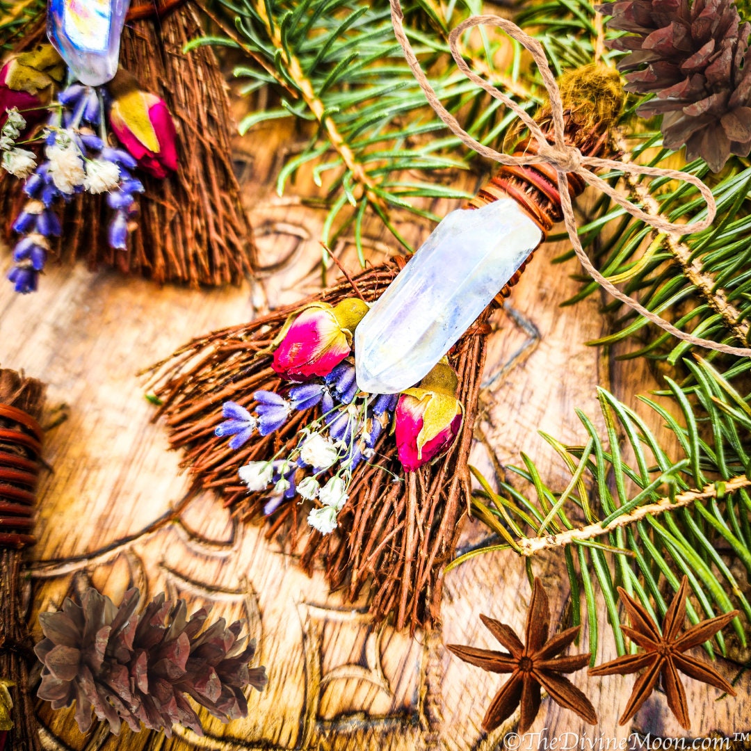 Floral Crystal Ornament, Mini Broom for Altar, Witch Broom / Besom, Protection, Warding, Altar Protection, Jump The Broom, Quartz Point