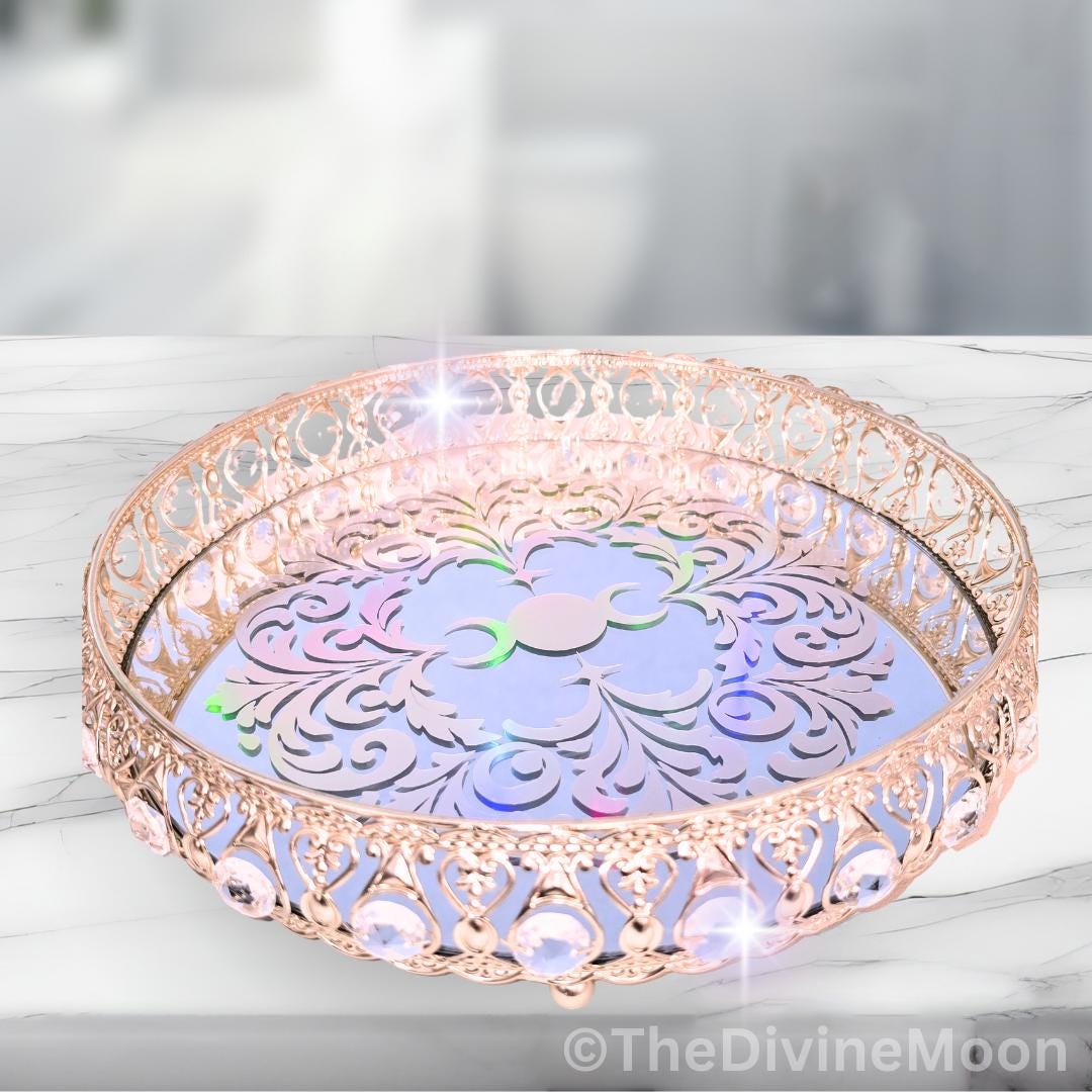 Handcrafted Glass Crystal Gold Holographic Moon Mirror Tray | Mystical Decorative Display Tray | Lunar Home Decor
