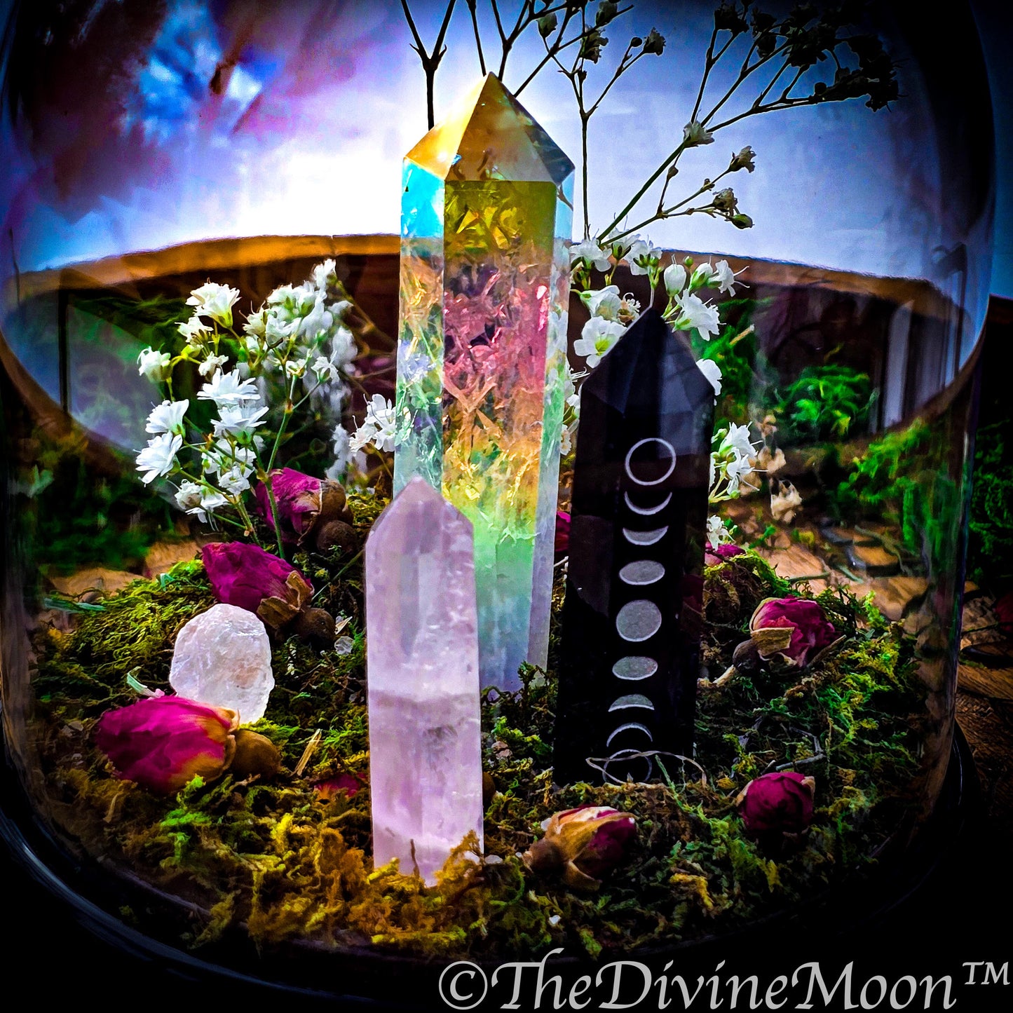 Mystical Moon Crystal Garden | Obsidian Moon Phase Tower & Aura Quartz | Enchanted Terrarium Cloche with Moss, Roses and Gemstones, 2 sizes