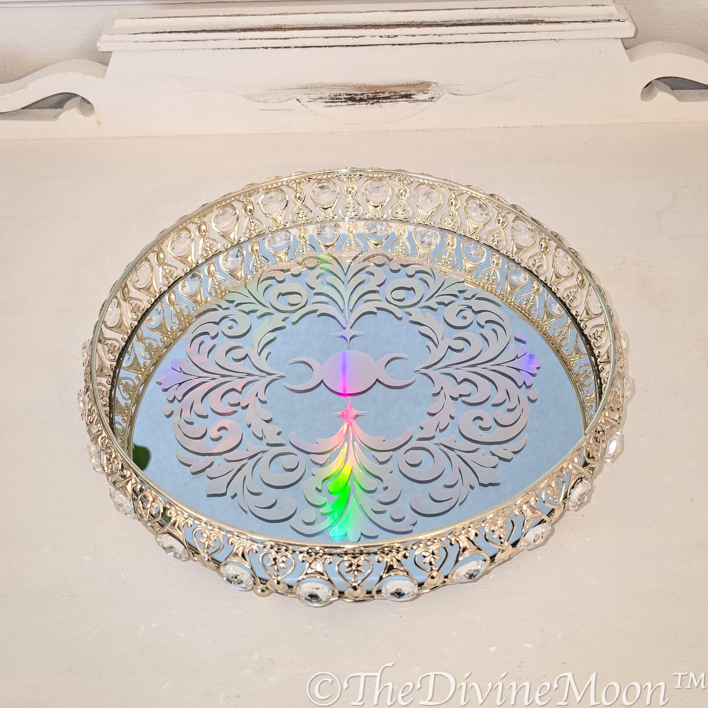 Handcrafted Glass Crystal Gold Holographic Moon Mirror Tray | Mystical Decorative Display Tray | Lunar Home Decor