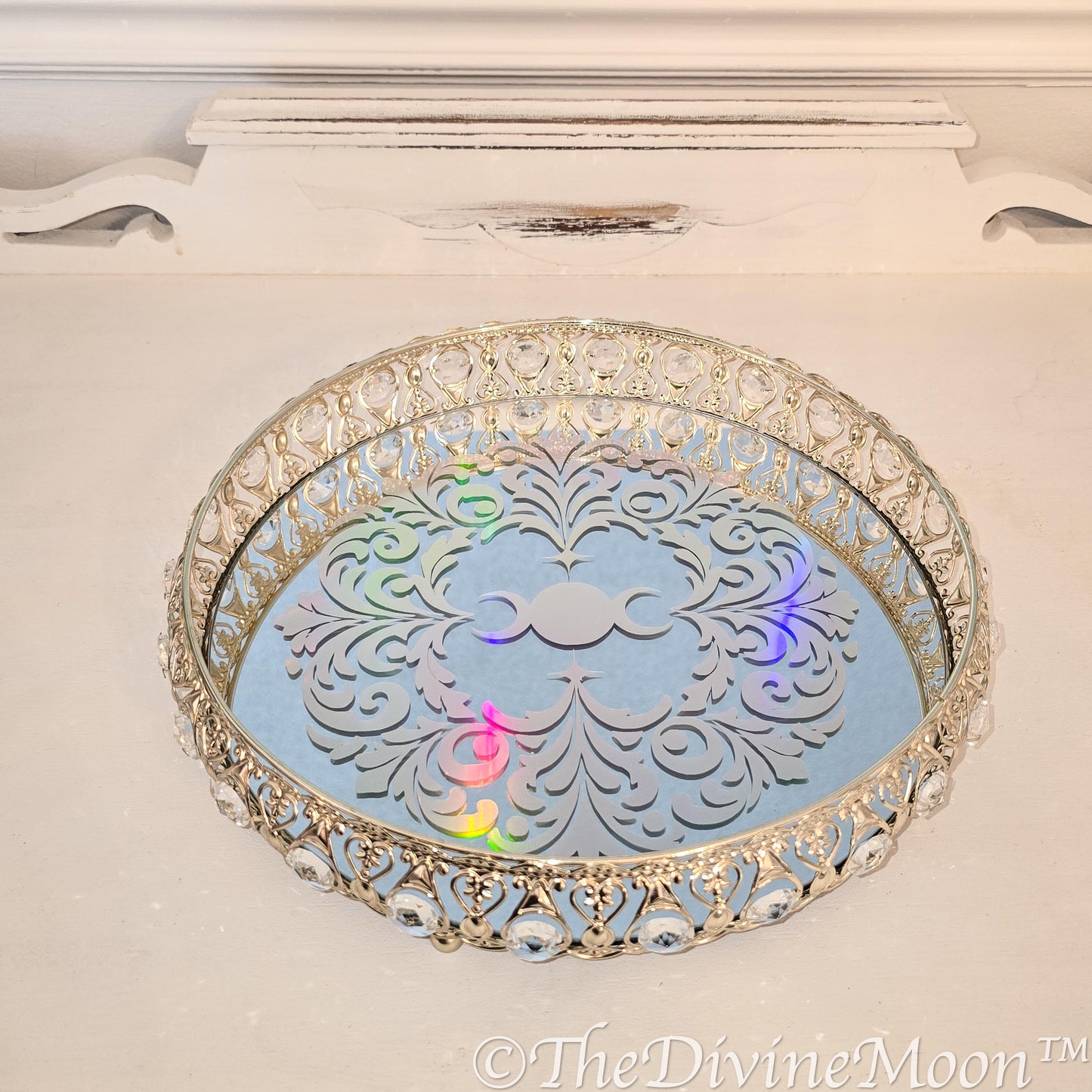 Handcrafted Glass Crystal Gold Holographic Moon Mirror Tray | Mystical Decorative Display Tray | Lunar Home Decor