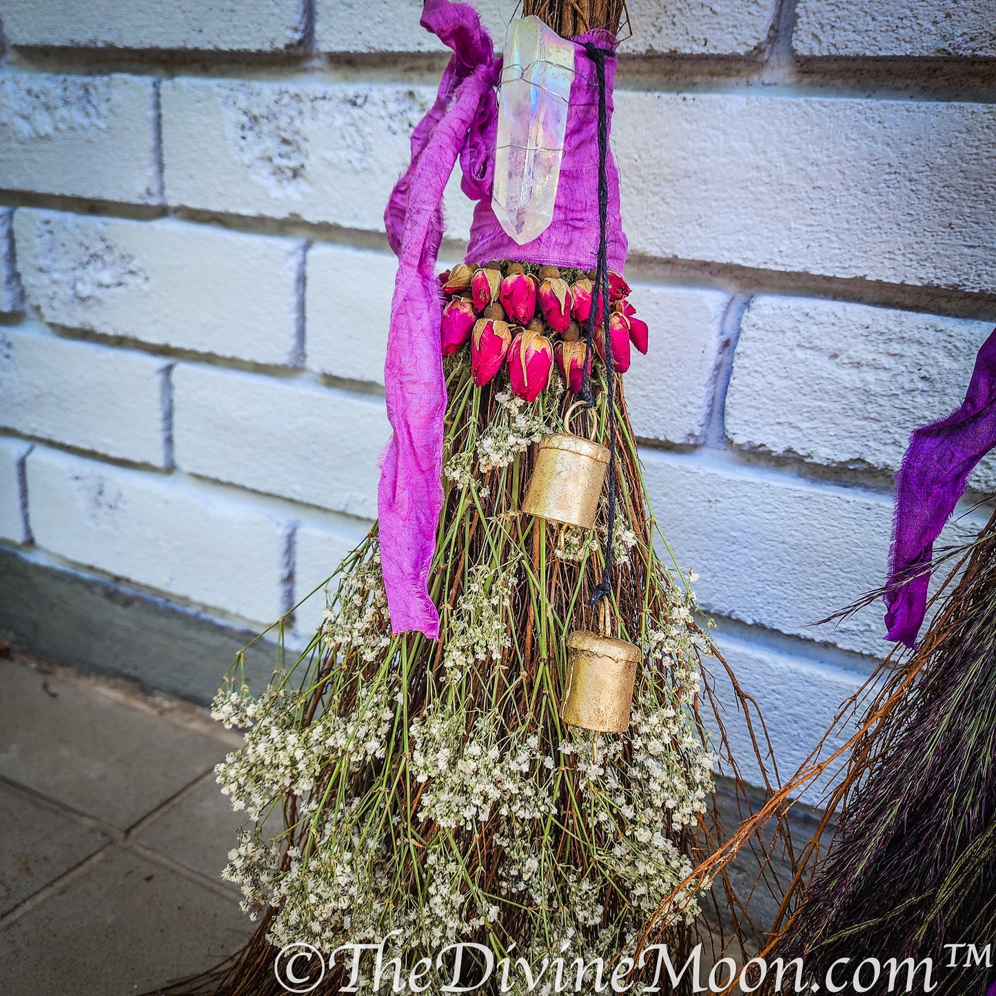 Life Size Crystal Altar Witch Broom / Besom, Protection, Warding, Altar Protection, Rainbow Aura Quartz, Jump the Broom, Halloween, Witch