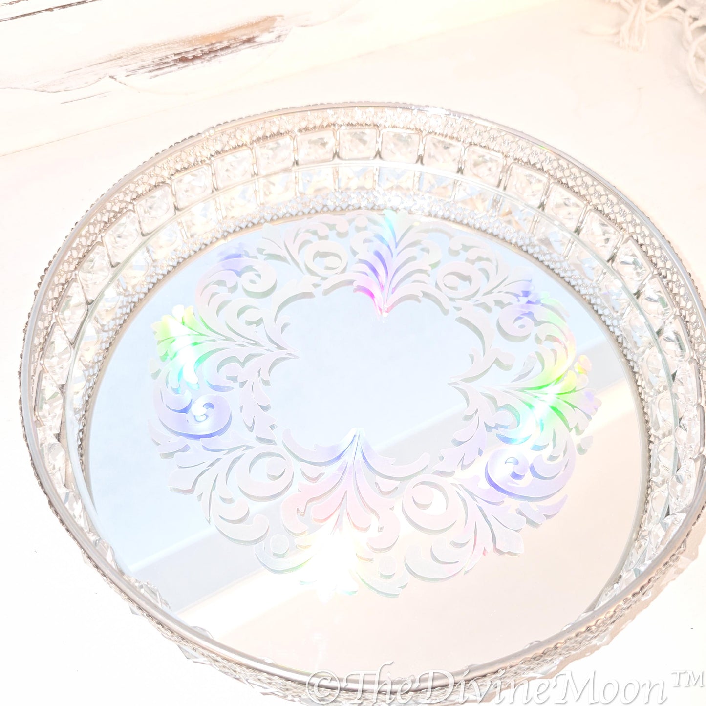 Handcrafted Glass Crystal Holographic Mirror Tray | Mystical Decorative Display Tray | Lunar Home Decor | Crystal Tray | Gothic Decor