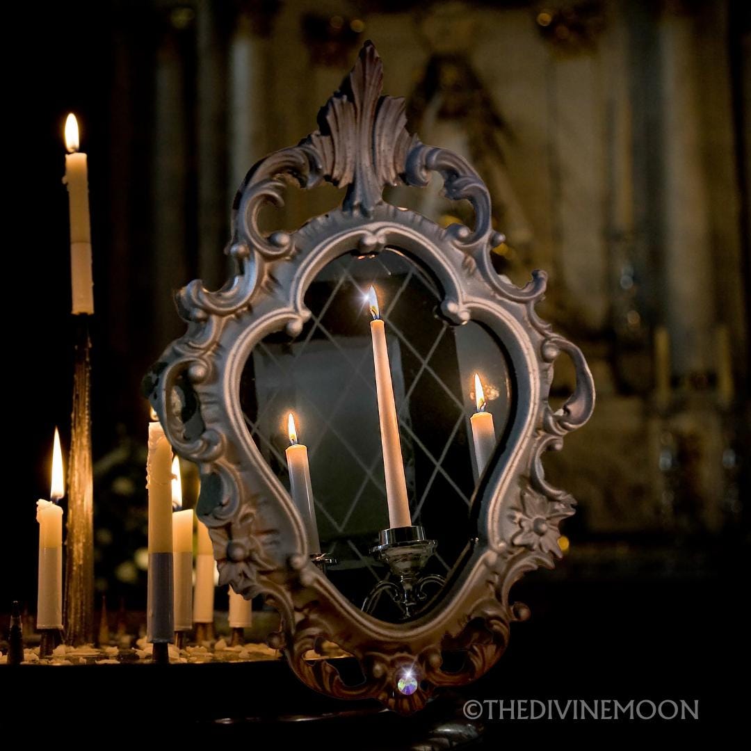 Large Vintage-Style Black Scrying Mirror with Gems - V15L